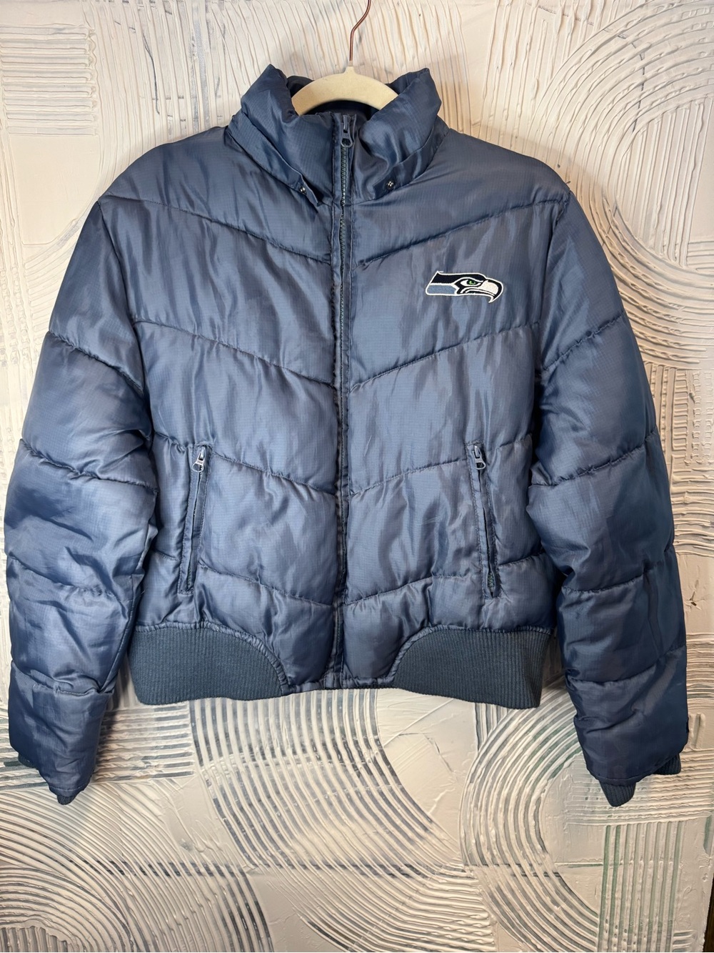 NFL Navy Blue Quilted Puffer Jacket, Seattle Seahawk Logo